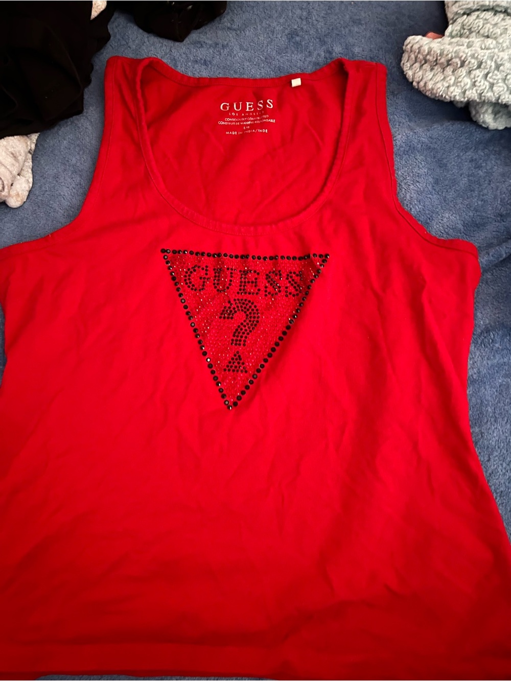 GUESS Red Tank Top with Black Studded Triangle Logo